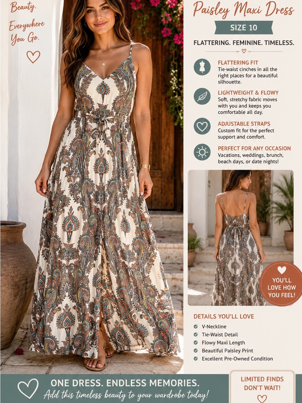 B. Smart Cream & Brown Paisley V-Neck Maxi Dress